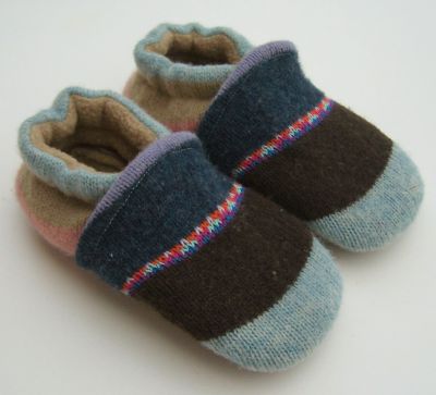 Blue/Brown Wide  Stripes 2 Recycled Wool Slippers, sz 2T-