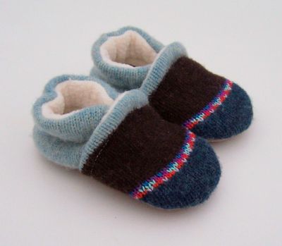 Blue/Chocolate Recycled Wool Slippers, sz 0-6m-