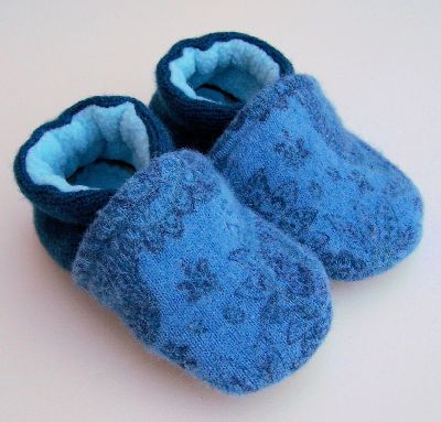 Blue Paisley Recycled Wool Slippers, sz 12-18m-