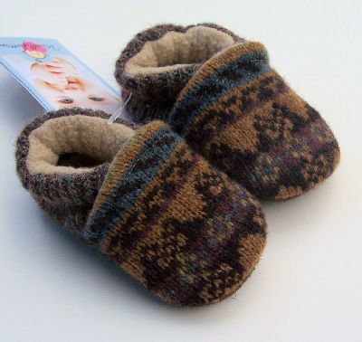 Brown Fair Isle Pattern Recycled Wool Slippers, sz 0-6m-